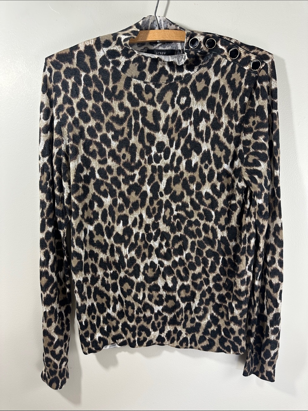 NWT J. Crew Leopard Print Long Sleeve Top Grommet Shoulder Detail Brown/Black
